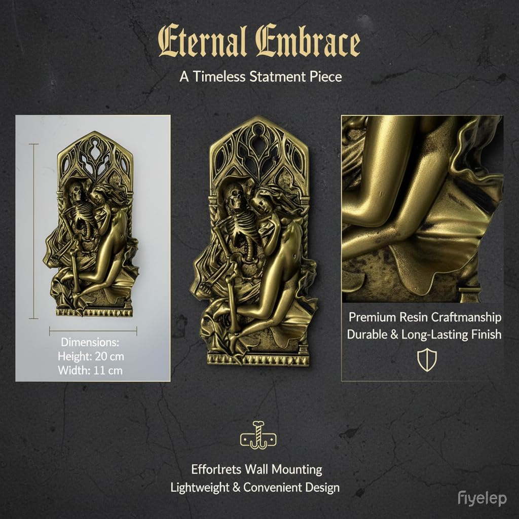 MVTDONT ゴシックスケルトンと女性抱擁壁彫刻、ブロンズメタリック仕上げ、高さ20cm、複雑なレリーフディテール、樹脂構造