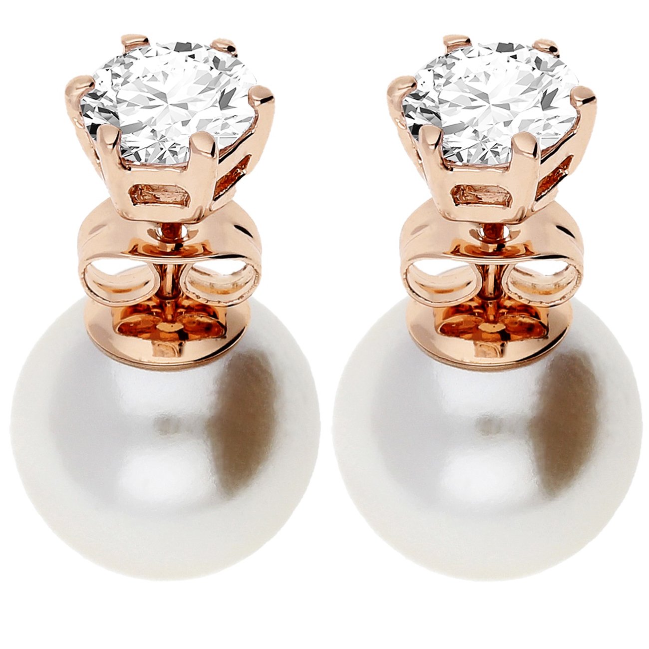 Ohrstecker Doppel Ohrringe 750er Roségold Vergoldet Zirkonia 6mm Perlen Weiß 10mm, Damen Perlenohrringe Glitzer Stein Front Back Set Rose Gold Schmuck