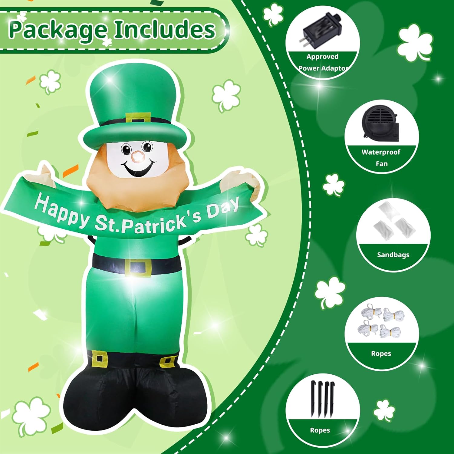 AJY 4 Ft St. Patrick's Day Inflatable Leprechaun Holding a Banner Blow Up Indoor Outdoor Yard Lawn Decoration