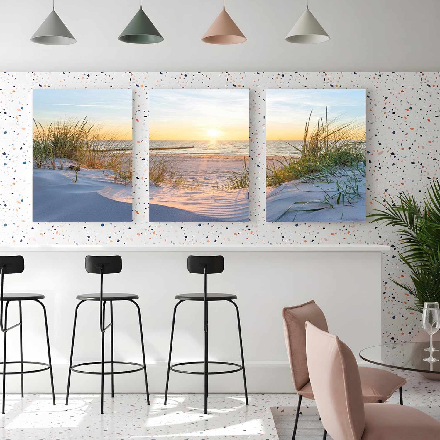 IAFWZX Framed Blue Beach Sunset Wall Art, Bright Ocean Seascape Wall Decor, Sun Sand Dunes Sea Grass Canvas Paintings, Nature Coastal Landscape Poster Prints for Bedroom Living Room 16"x24"x3