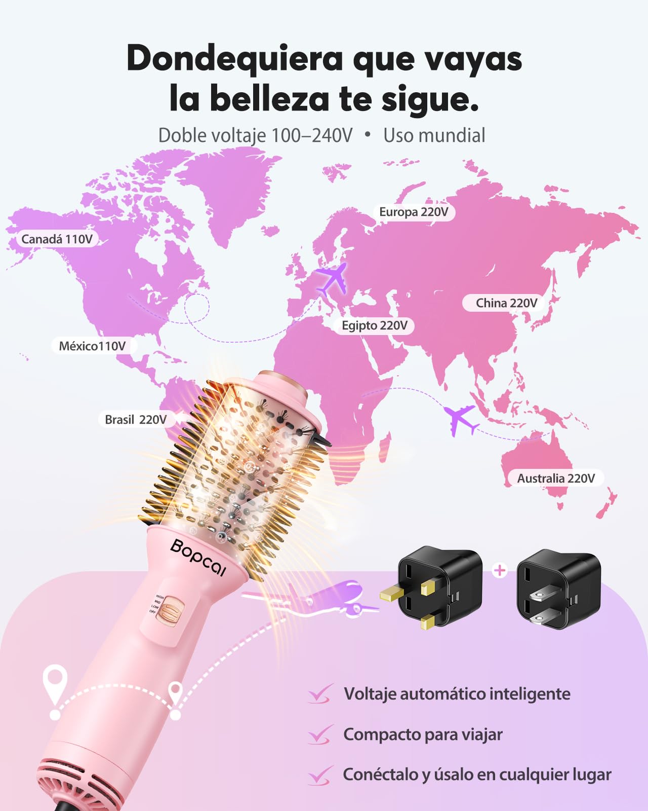 Bopcal Cepillo de Aire Caliente 4 in 1, Secador Iónico Portátil para Pelo Liso, Volumen y Rizos, Mini Cepillo Redondo de Viaje con Doble Voltaje, 3 Niveles de Temperatura y Adaptadores US/UK