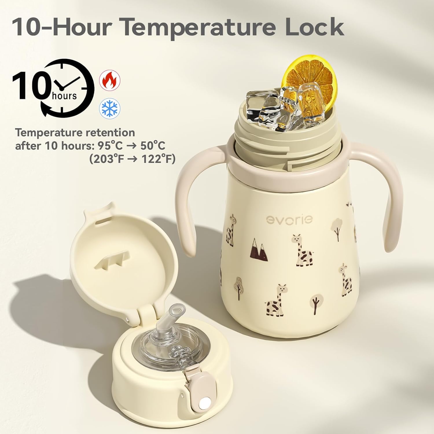 Evorie Leak Proof Vacuum Insulated Water Bottle, 316L Stainless Steel Sippy Cup for Toddlers, 11 oz Straw Cup with Handle & Adjustable Strap, Keeps Drinks Warm or Cold (1Pack, Giraffe) - Image 4