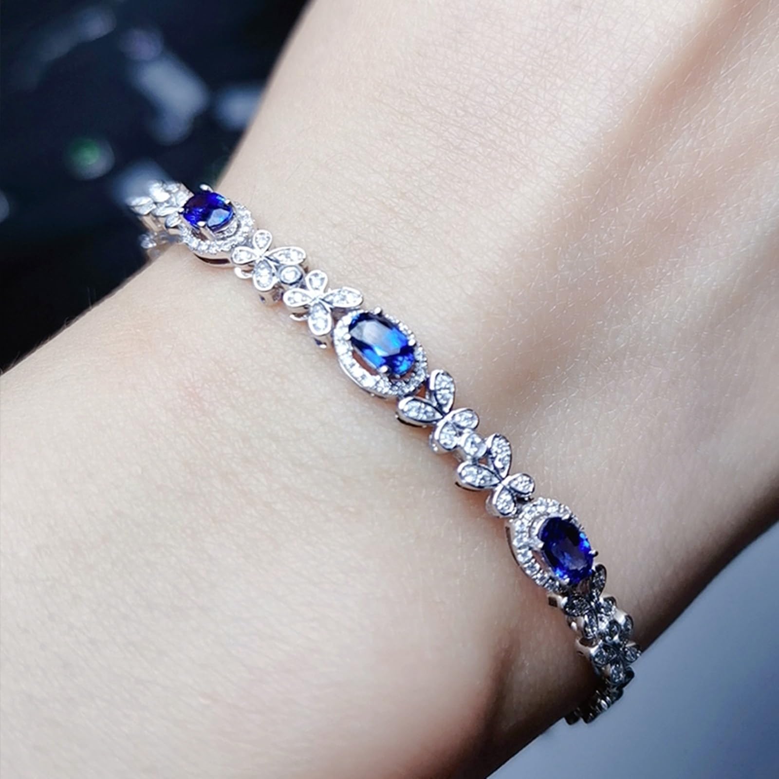 Bracciali in Oro Bianco 18k/14k/9k Vero, Bracciale con Zaffiro Sintetico 1.2ct 16-18 cm Estensione 4 cm con Moissanite, Braccialetto Donna Matrimonio