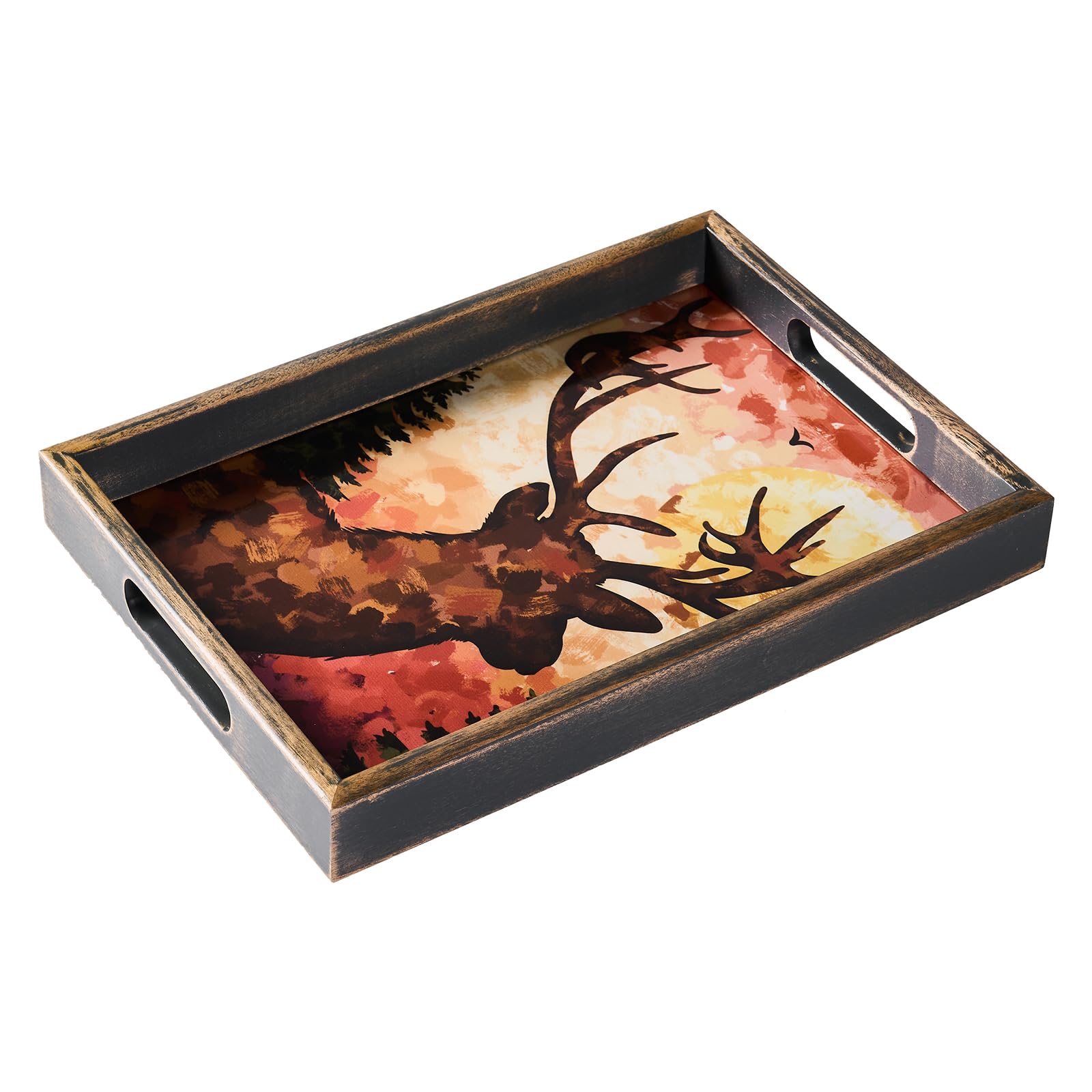 Vintage Wood Ottoman Tray, Serving Tray with Handles and Reinforced Glass- 14 x 10 inches Rectangular, Decorative Tray for Living Room, Coffee Table, Candle Display (Buck Watercolour)