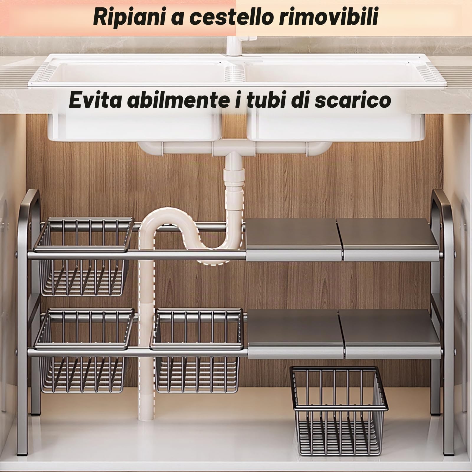ViWaVee Organizer Sottolavello Cucina, Organizer a 2 Livelli Con 4 Cestelli Estraibili e 4 Pannelli, Scaffale Sotto Lavabo Per Cucina, Organizzatori Bagno(Nero, 53 cm - 83 cm)