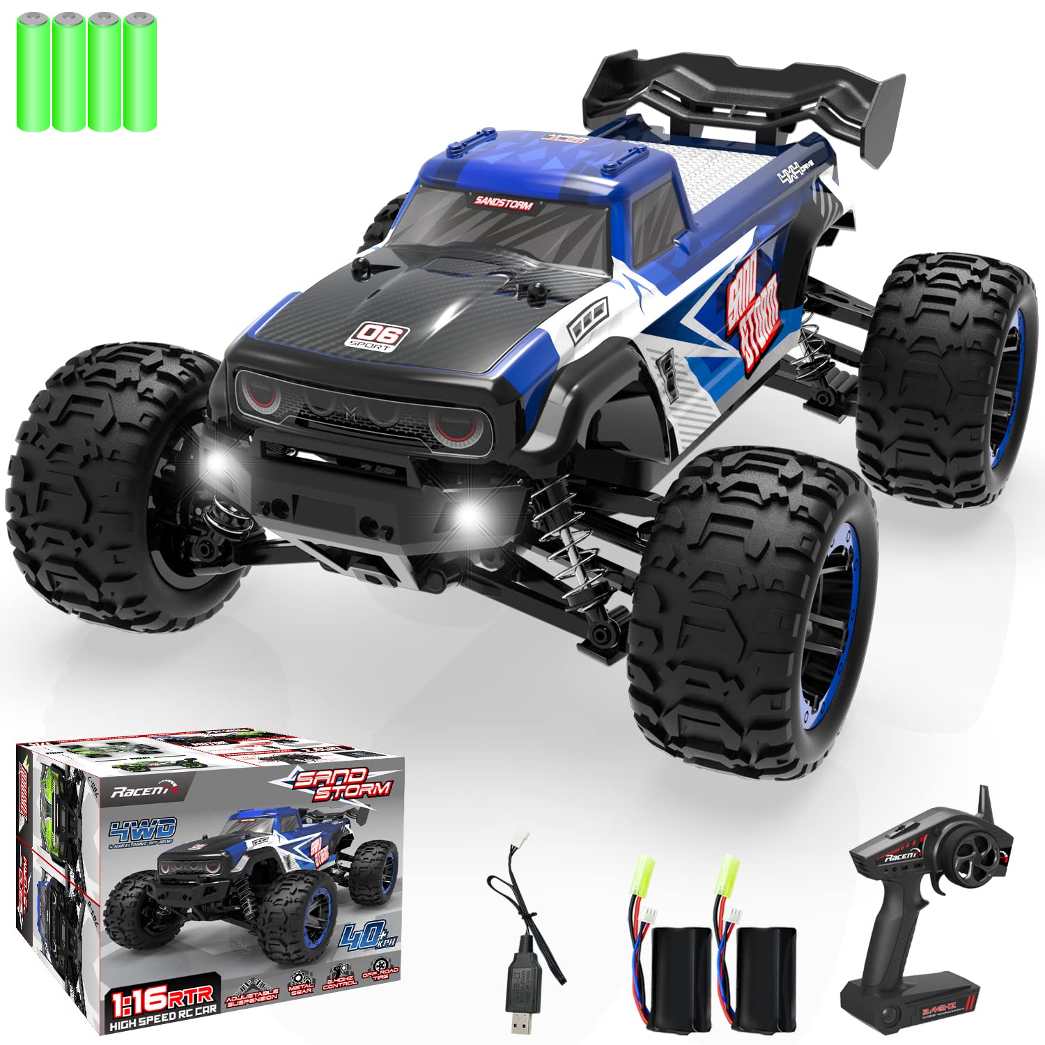RACENTRC Truck 1:16 4x4 All Terrain RC Car 40KPH High Speed Remote Control Cars for Boys, Off-Road Monster Truck with 2.4Ghz Radio Control, 2 Batteries, Gifts for Kids Adults