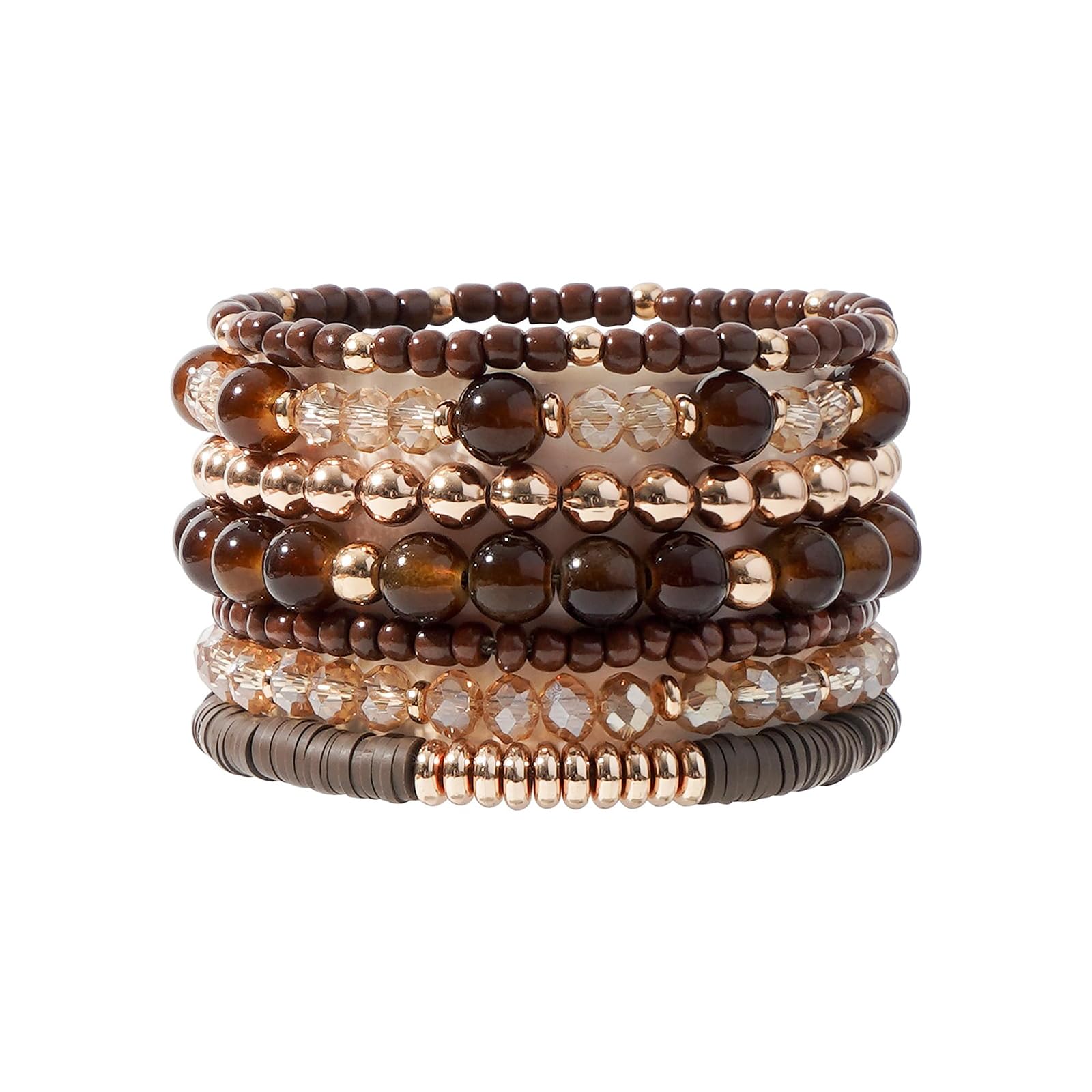 7-Piece Bohemian Polymer Clay Bracelet Stack Brown Beaded Stretch Set-image-27