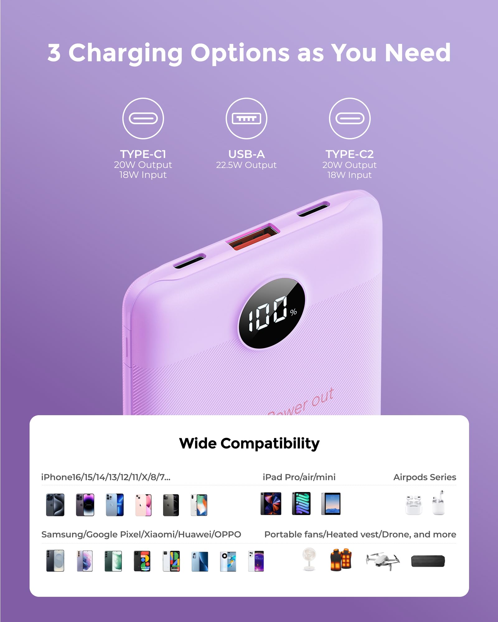 VEEKTOMX Power Bank 10000mAh 22,5W PD3.0 QC 3.0 Powerbank Mini USB C Caricabatteria Portatile Ricarica Rapida con Display a LED Compatibile con iPhone Huawei Xiaomi Tablets ecc. (Viola)
