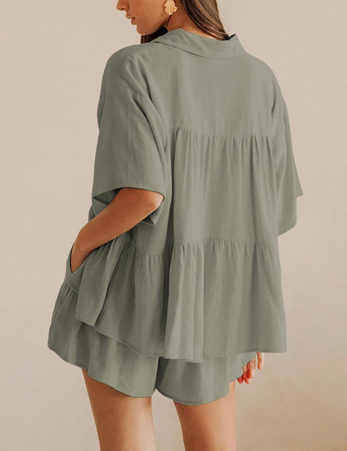 Qiaomai Womens 2 Piece Outfits Summer Ruffled Shirt and High Waist Shorts Matching Set