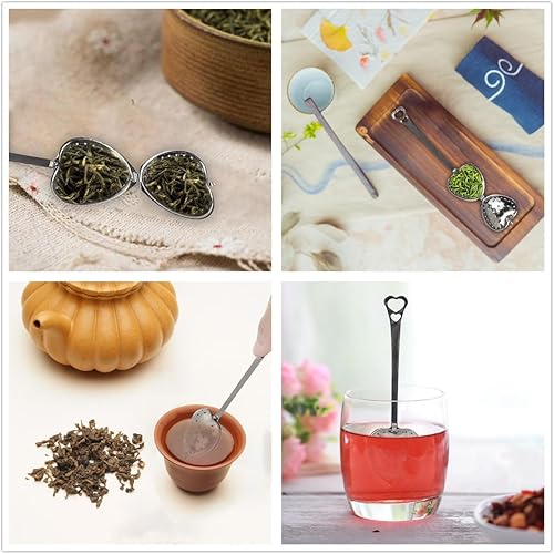 Miniatura 8 de RoseAuroma - Juego de 20 infusores de té de acero inoxidable, cuchara de agarre largo, filtro de hojas de té sueltas en forma de corazón, colador de
