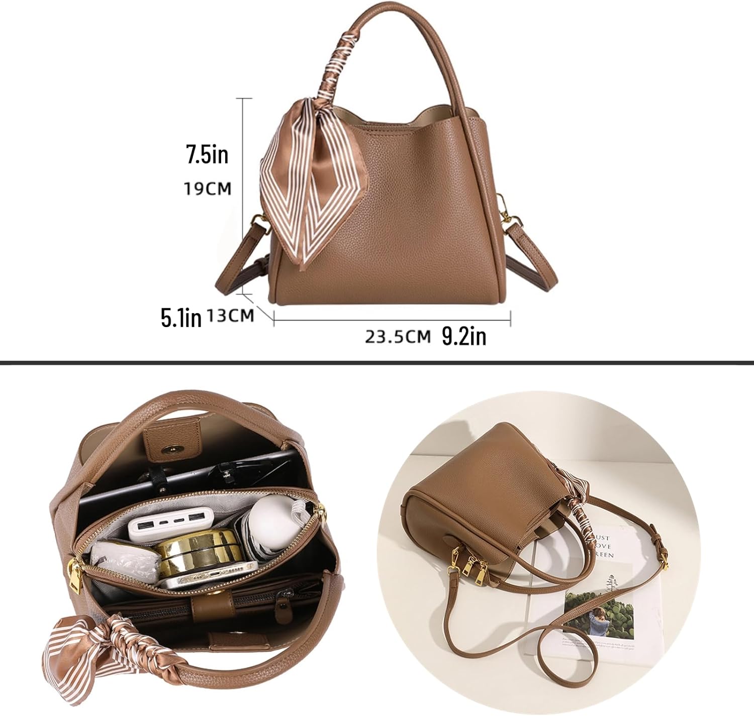 Crossbody Bags for Women PU Leather Tote Bag Trendy Purse with Silk Scarf Large Shoulder Bag Adjustable Strap Handbags