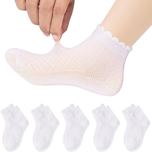 Looching 5 pares de calcetines finos de malla para bebés y niñas pequeñas, de verano, con volantes, de algodón blanco, suaves, de corte bajo, para