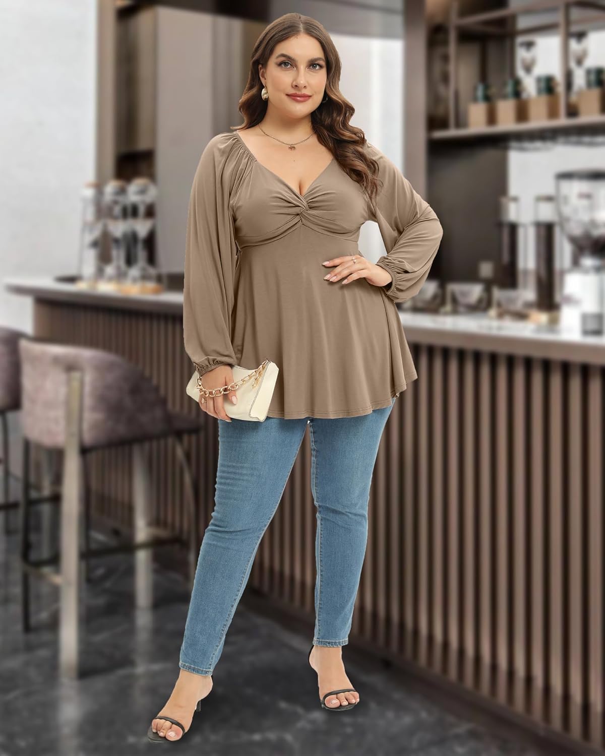 Womens Plus Size Tops Long Sleeve Twist Knot V Neck Shirts Casual Loose Tunic Blouse Fall and Winter - Image 3