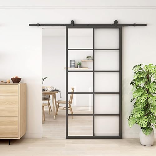 Jubest Puerta corrediza de cristal para granero de cocina, 42 x 84 pulgadas, estilo francés moderno, marco de aluminio, vidrio templado 5-Lite,