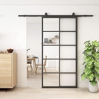 JUBEST DIY Glass Sliding Barn Door, 42in x 84in Modern French Door, Sturdy 5-Lite Clear Tempered Glass Aluminum Frame Sliding Closet Kitchen Door, Easy Assembly