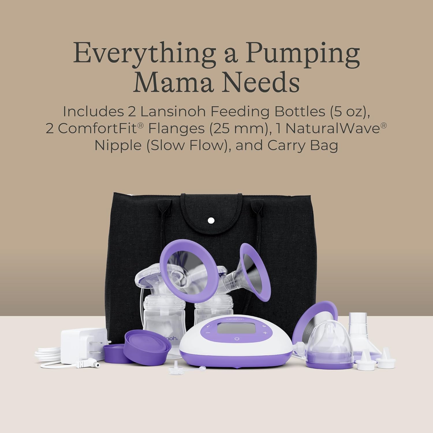 All components of the Lansinoh Signature Pro Double Electric Breast Pump laid out