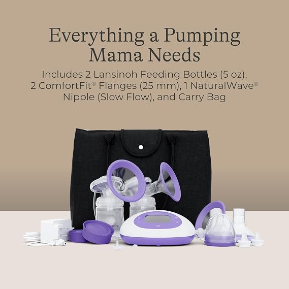 Lansinoh Signature Pro Portable Double Electric Breast Pump with LCD Screen | 3 Power Modes, 25mm Flanges, 2 Bottles, 1 Slow Flow Nipple, Carry Bag