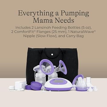 Lansinoh Signature Pro Portable Double Electric Breast Pump with LCD Screen | 3 Power Modes, 25mm Flanges, 2 Bottles, 1 Slow Flow Nipple, Carry Bag