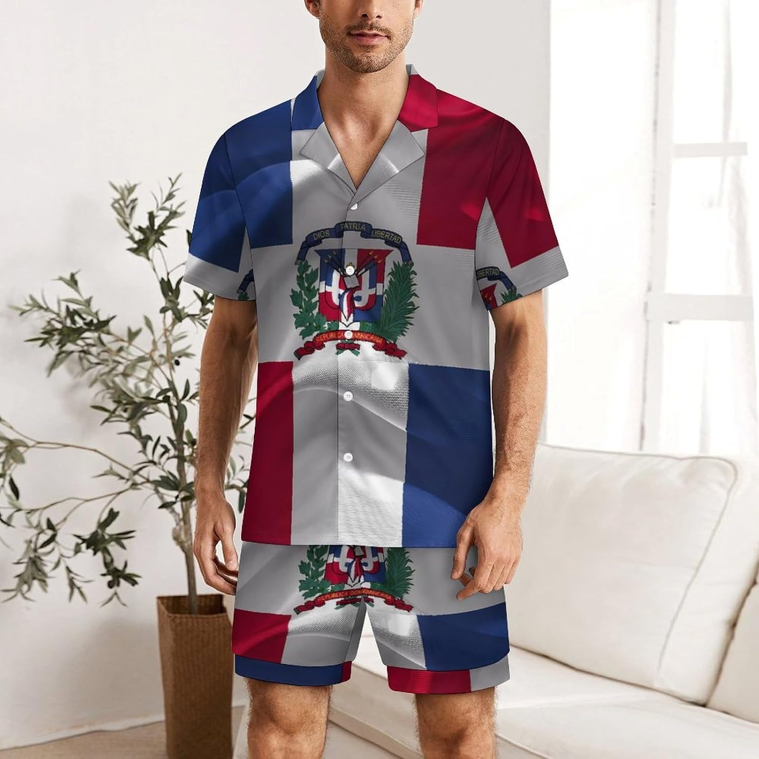 Dominican Republic Flag Men's Short Sleeve Pajama Set Satin Silk Like Lounge Sleepwear