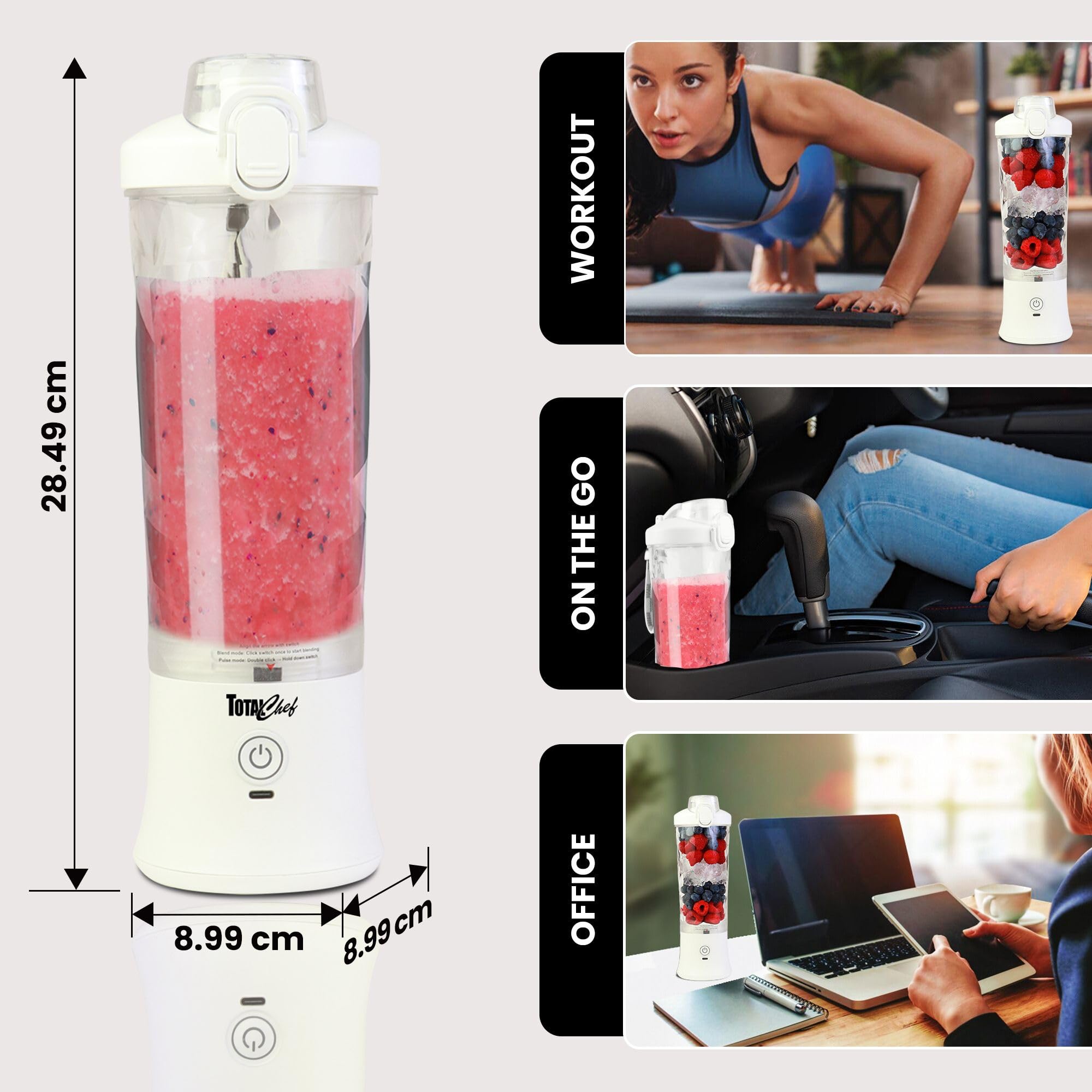 Total Chef Mini mixeur portable USB sans fil pour smoothie 600 ml Petit mélangeur pour boissons protéinées, aliments pour bébé, milkshakes, jus de fruits, slushie pour la maison, le bureau, les