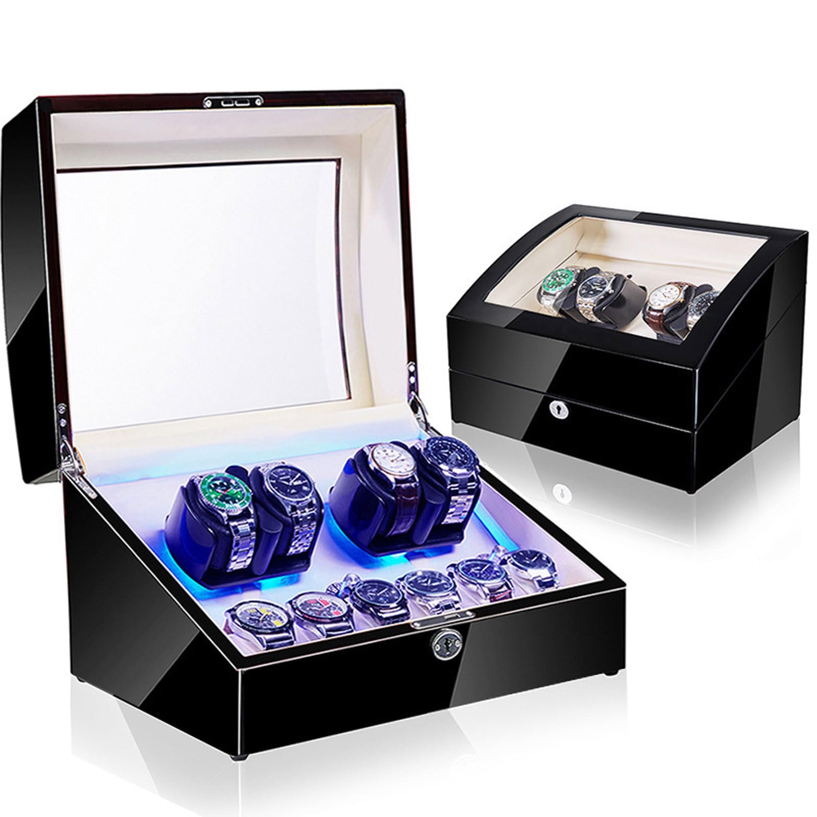 CGCSYZ Watch Winder For Automatic Watches 4 Watch Rotator And 6 Extra Storages,5 Rotating Modes Lockable Automatic Winders LED Backlight,Super Quiet Motor (4+6 Paint Black + Inner White X)