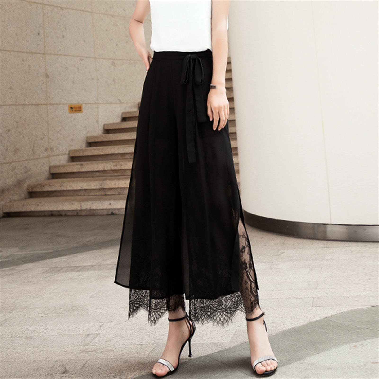 Women's Black Wide Leg Chiffon Pant Side Slit Lace Straight Leg Dress Pants Solid High Waist Slim Flare Trousers (Black,Medium)