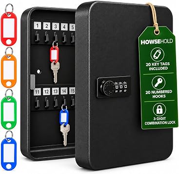 HowseHold 20 Key Cabinet with Combination Lock, Key Safe Wall Mounted, Key Box with Code, 20 Key Tags, Numbered Labels and Fixings for Home, Office, Garage and Business
