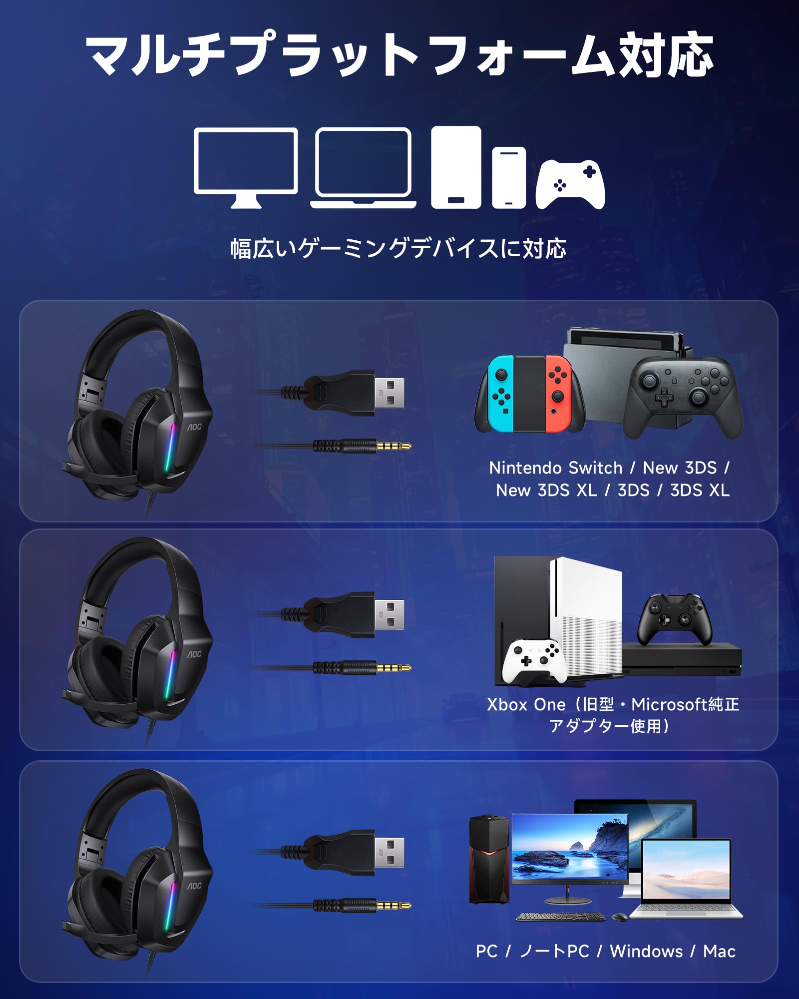 Amazon.co.jp: AOC ゲーミングヘッドセット ゲーミングヘッドホン 3D