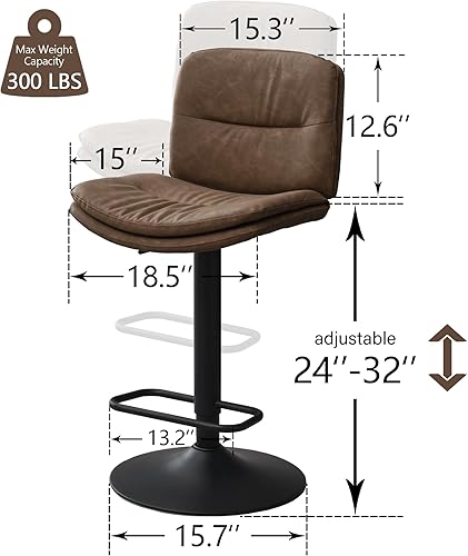Miniatura 2 de Juego de 3 taburetes de bar giratorios tapizados de doble capa con respaldo, taburete de bar ajustable de 24 a 32 pulgadas, taburetes de bar de piel