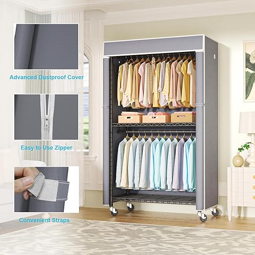 Miniatura 3 de FUTASSI Perchero negro con cubierta gris, armarios con ruedas P1C, perchero de metal para colgar ropa, armario de almacenamiento de ropa, 36.2