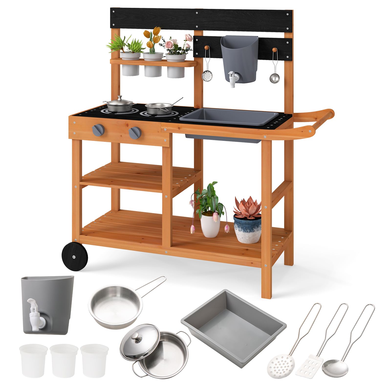 INFANS Mud Kitchen, Outdoor Play Kitchen with Wheels 3 Cups Removable Sink Cooking Accessories Wooden Kids Kitchen Playset Backyard Garden Toys Gift