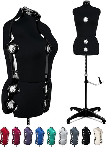 BHD BEAUTY Vestido de maniquí ajustable de tela negra con 13 diales para costura, torso corporal de maniquí con soporte para triples cápsulas,