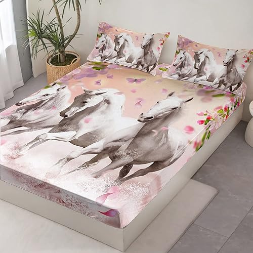 Miniatura 4 de HOSIMA Sábana bajera ajustable para caballo, ropa de cama floral rosa y caballo, patrón de pétalos de primavera y caballos para correr, ropa de cama