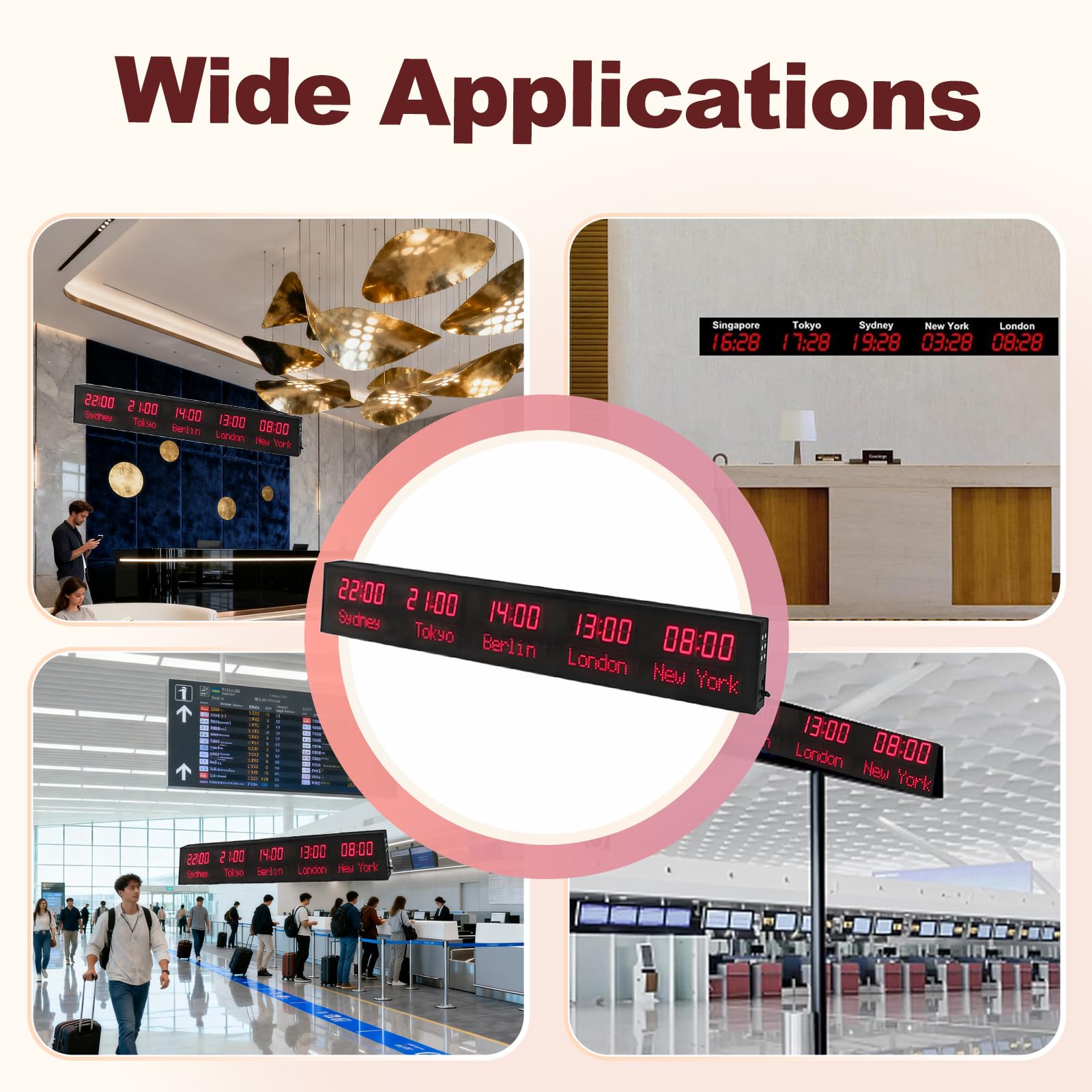 Orologio digitale mondiale, ampio display, luminosità regolabile, alloggiamento in alluminio, fuso orario per hotel, uffici, aeroporti
