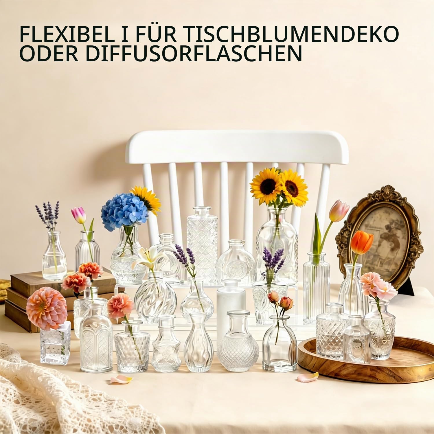 24 Stück Mini Vasen Set aus Glas,Vintage Blumenvasen,Väschen | kleine vasen für tischdeko für Tischdeko Ideal für Hochzeitstischdeko, Geburtstag,Wohnzimmer, Büro
