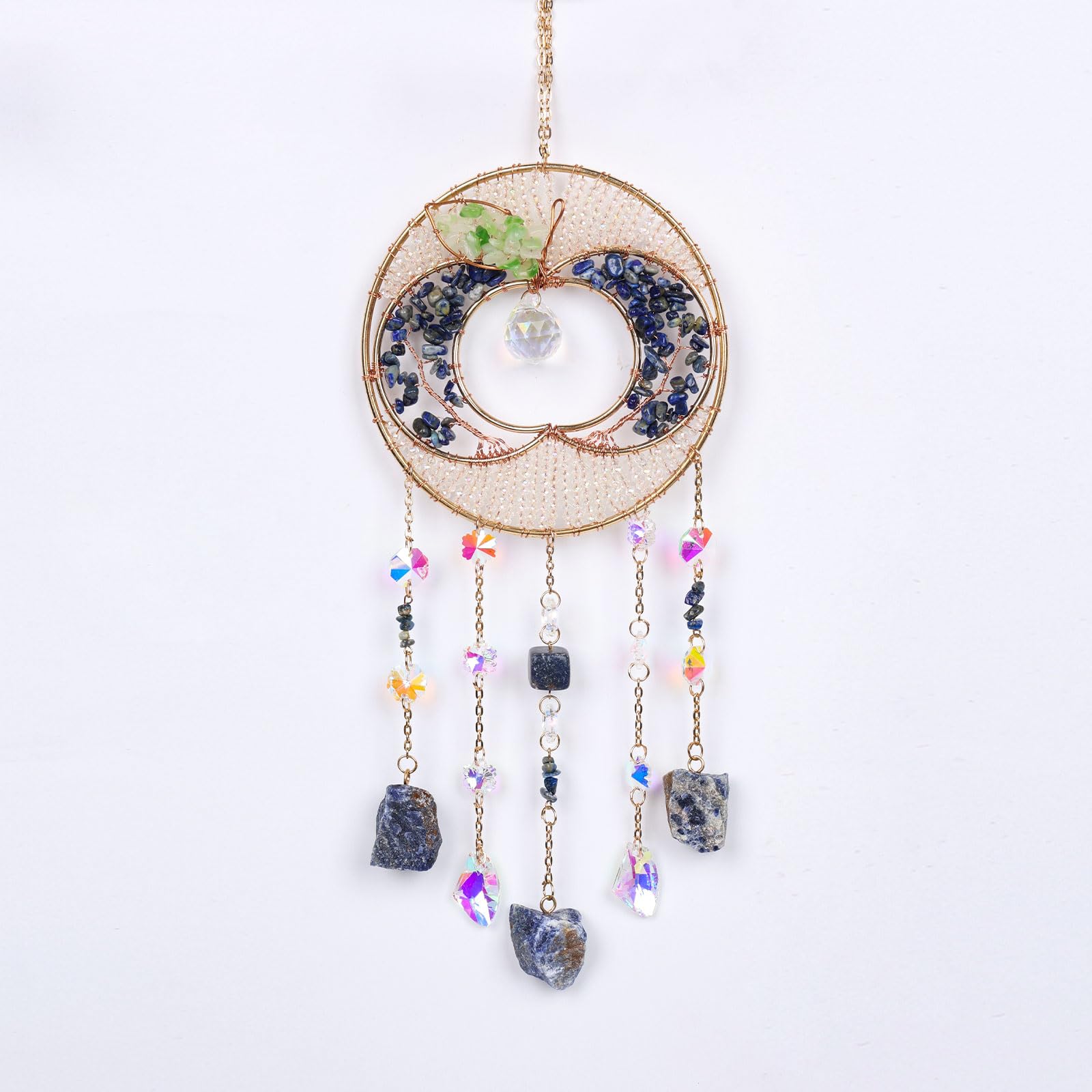 Mini Blue Apple Crystal Dream Catcher – Handmade Hanging Sun Catcher with Lapis Lazuli Stones & Clear Crystals for Window Decor, Bedroom or Gift