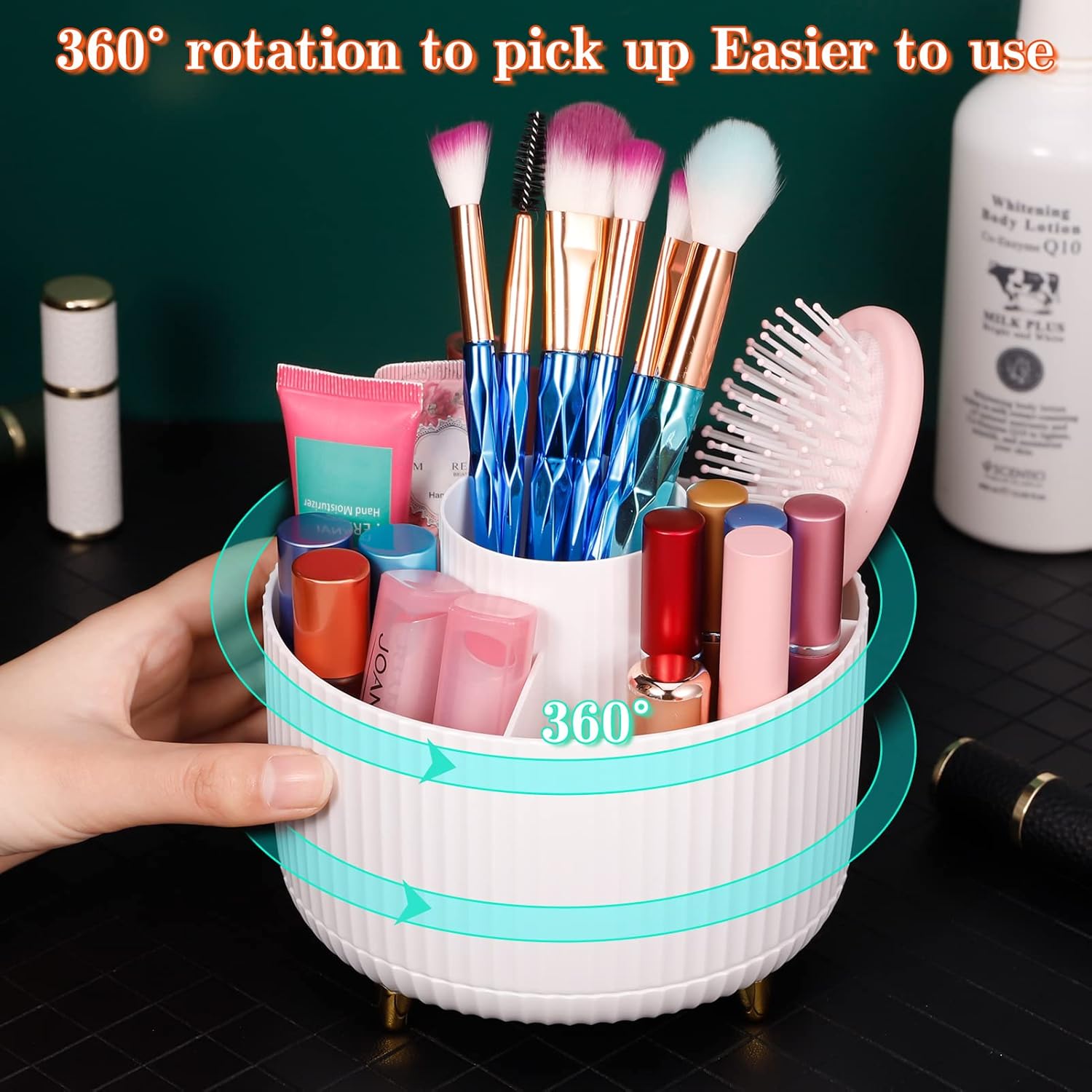 Rotating Makeup Organizer, 360° Spinning Make up Stand, 5 Slot Makeup Brushes Cup and Pencil Pen Holder, for Vanity Decor, Bathroom Countertops, Desk Storage Container, Cosmetic Display Cases(White) 3 71FktYqUGYL. AC SL1500