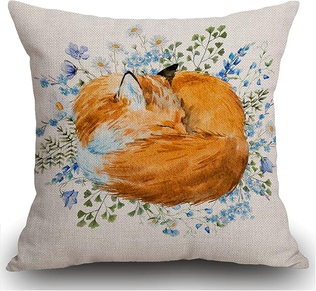 Smooffly Watercolor Sleeping Fox Cushion Cover Outdoor Furniture Decorative Linen Square Double Sided Printing Pillow Cover for Home Office Sofa Couch Car Garden 45 x 45cm 18 x 18 inches