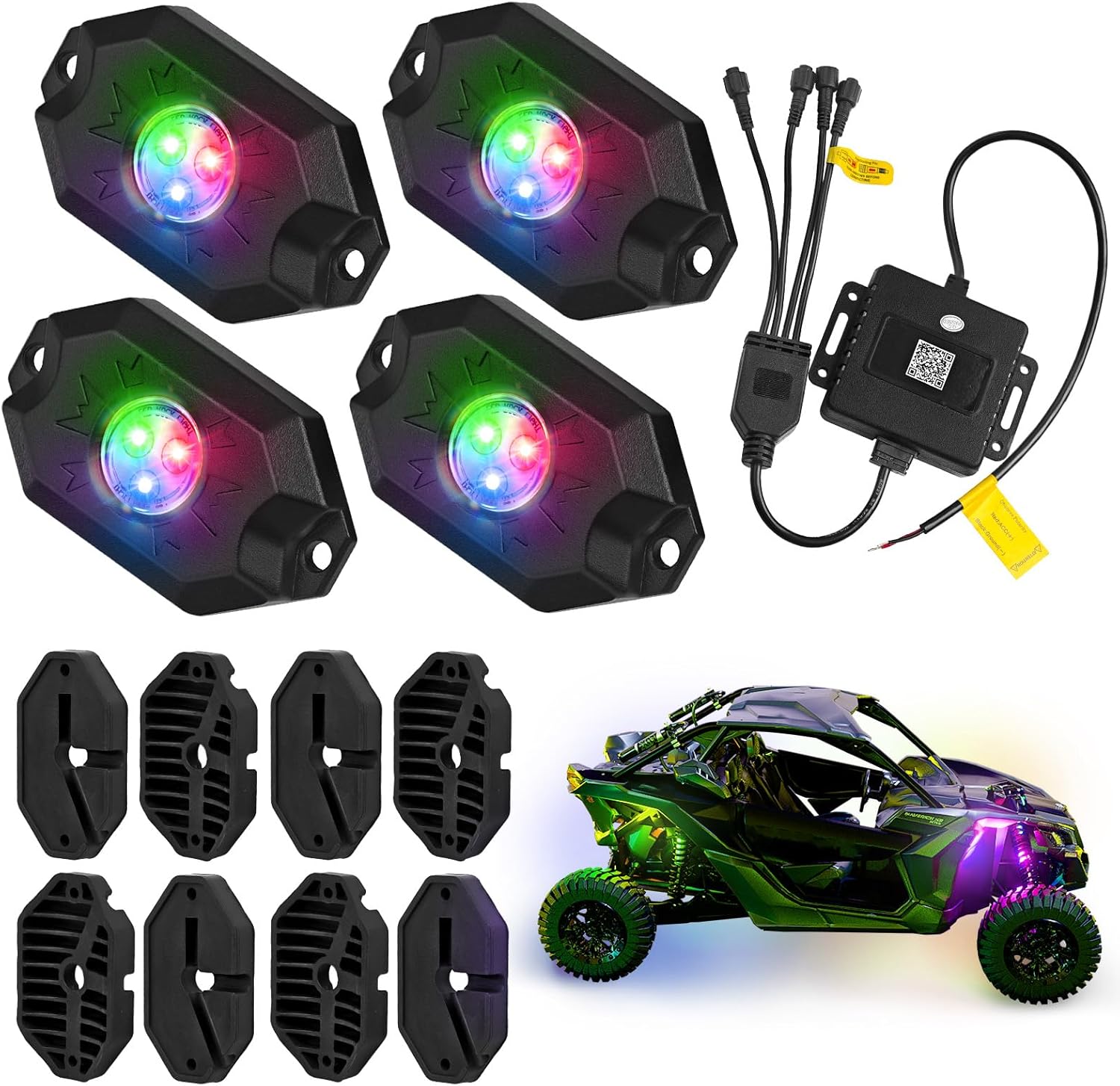 4 Pods RGB LED Rock Lights Kit, Underglow Multicolor Neon Light Pod with Bluetooth App Control, IP68 Waterproof High Brightness Dynamic Music Mode Wheel Well Light for Truck ATV UTV RZR SUV Golf Cart