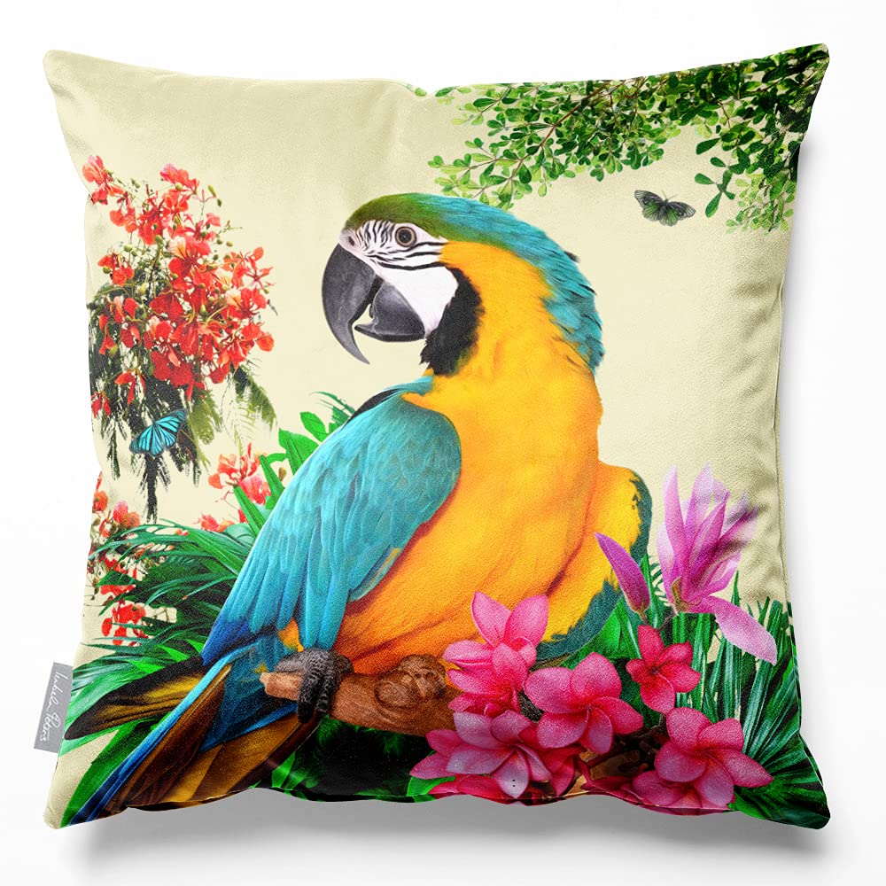 Izabela Peters Princely Parrot - Cream Cushions With Covers Included, Filled Cushion, Eco-Friendly Velvet Cushions, 40 Cm, Chair Cushions, Sofa Cushions, Seat Cushions