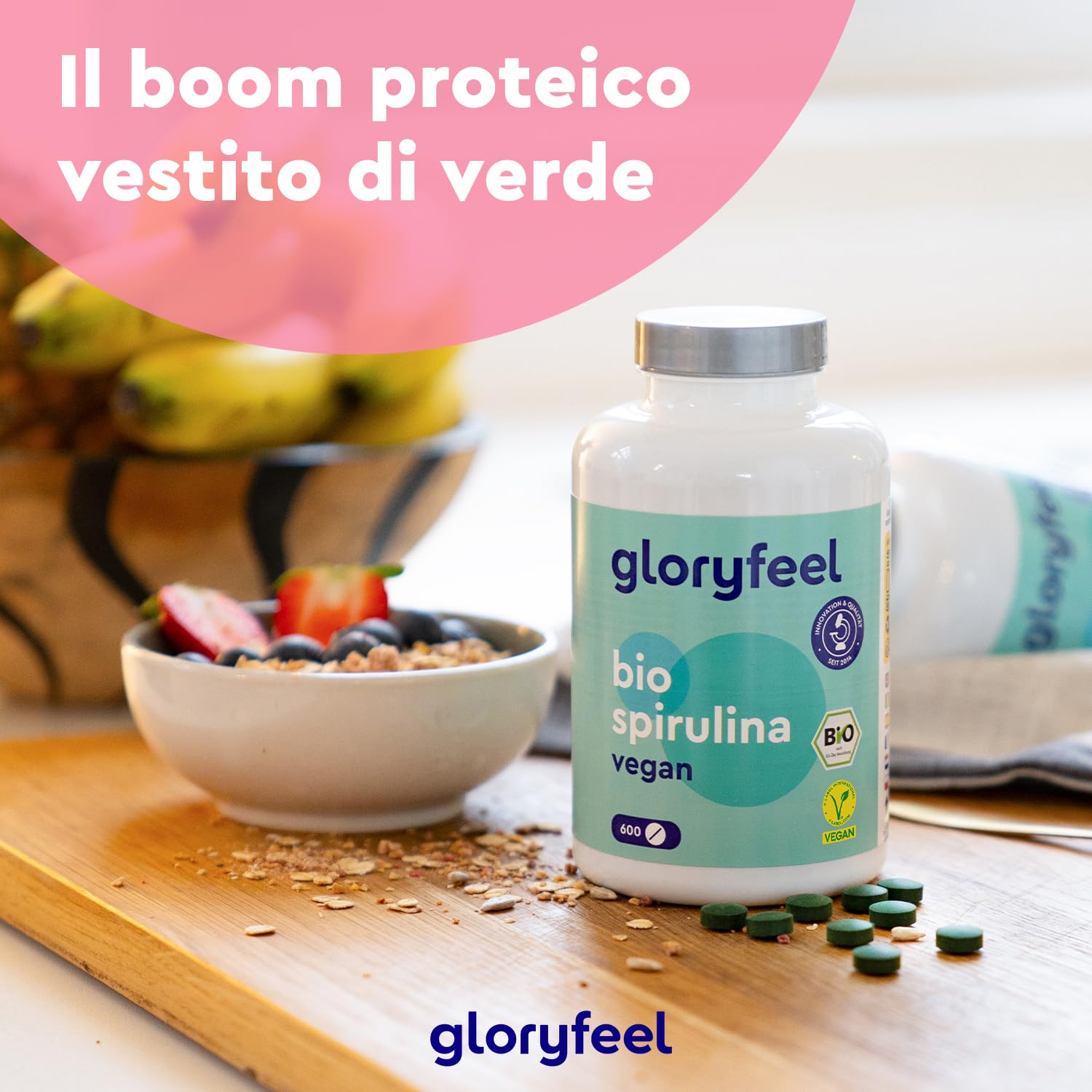 Spirulina Bio, 600 compresse BIO 500 mg, Alto dosaggio, Ricca di ficocianina, proteine e vitamine, Alga Spirulina pura, Analizzata e Confezionata in Germania, Vegan e senza Additivi