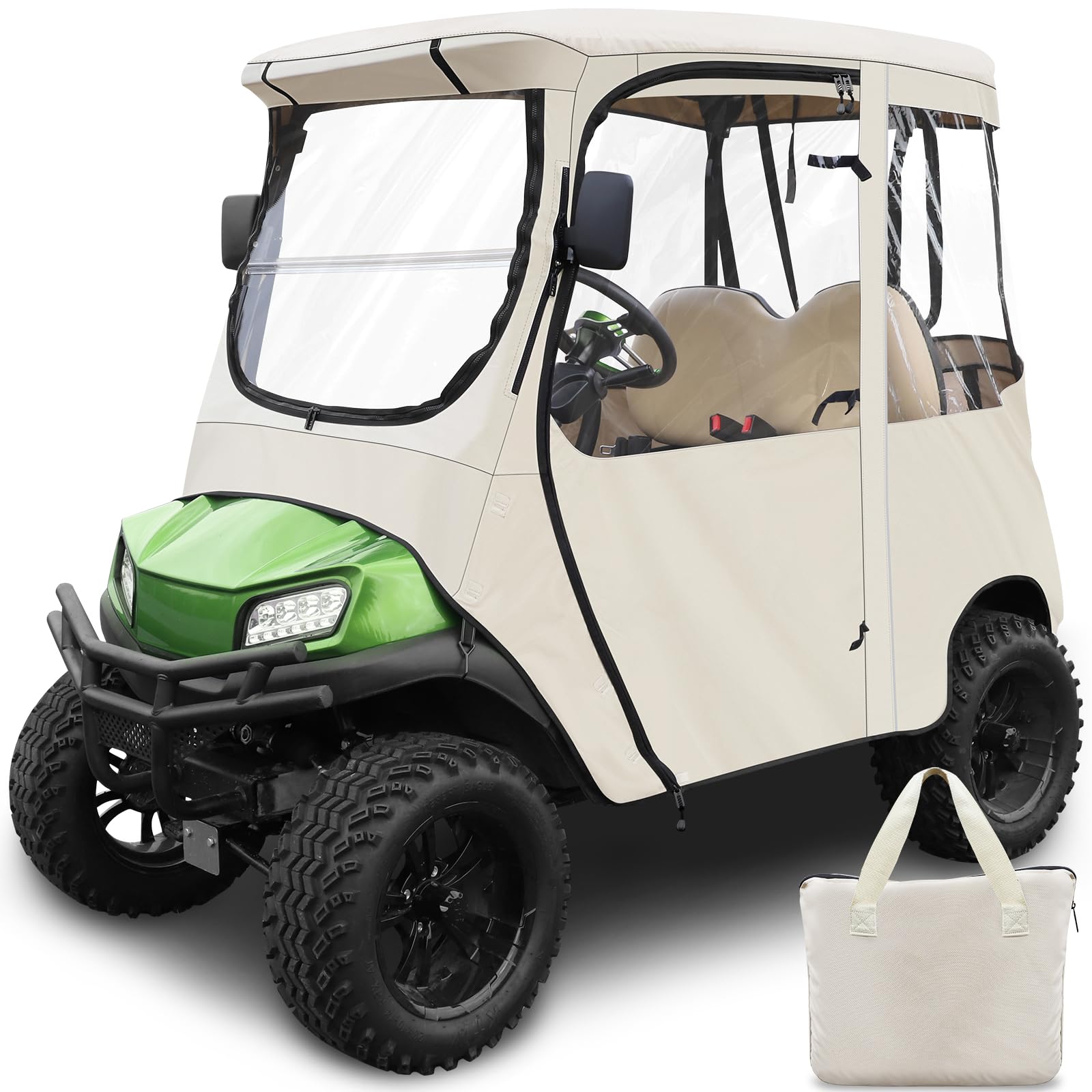 Cartalia Golf Cart Deluxe Driving Enclosure 2 Passenger Only Fit Club Car Precedent, Tempo & Onward Golf Cart with Door Zipper, Clear Window 600D Heavy Duty Rain Cover Waterproof Windproof - Beige