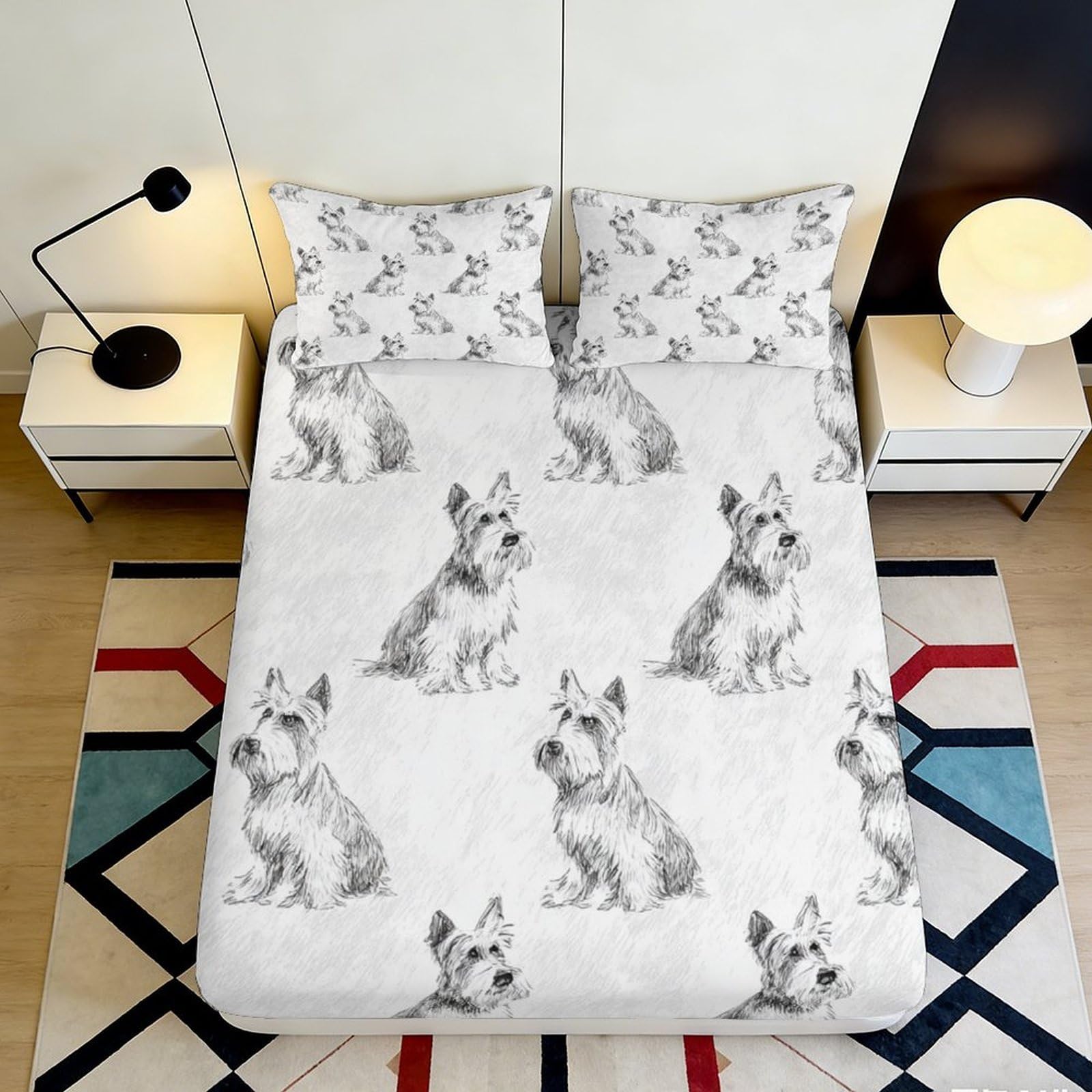 Pnayamiorkfel Style-4 3D Printed Schnauzer Dog Fitted Sheet Microfiber Non Slip Cartoon Puppy Mattress Cover For Bedroom Guest Room Decor 90X200x25cm