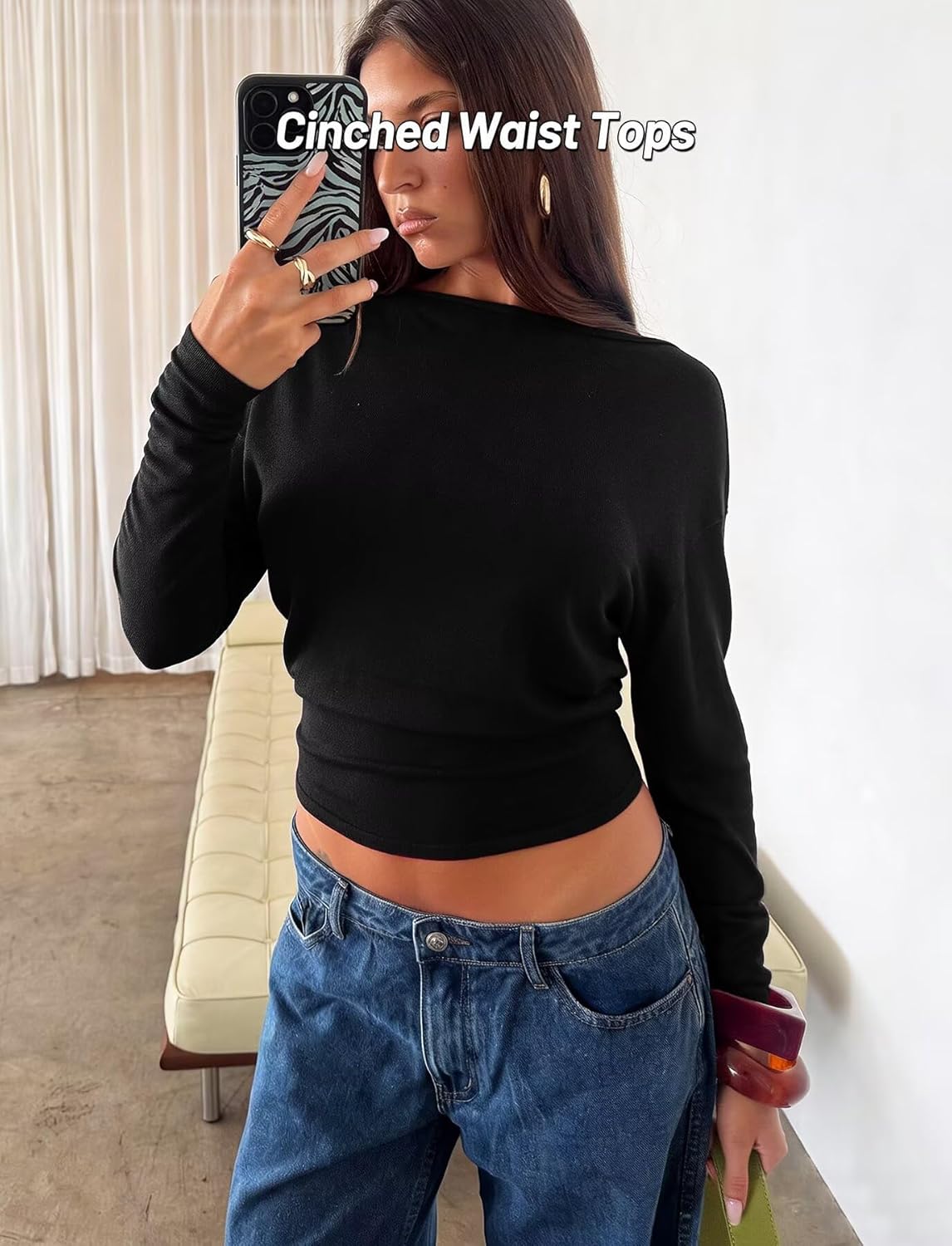 TZLDN Women Open Back Tops Long Sleeve Boat Neck Cinched Waist Crop Tops Going Out Sexy Trendy Backless T Shirt - Image 4