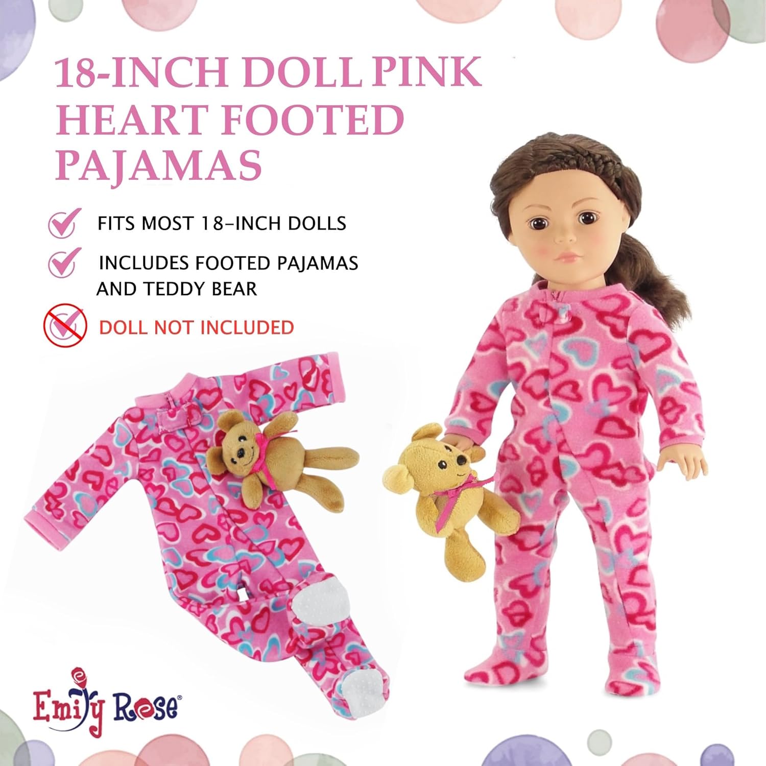 18 Inch Doll Pajamas Set Pink Heart Onesie PJ Outfit – Emily Rose Doll Sleeping Outfit with Teddy Bear Companion – Doll NOT Included – Fits American Girl Our Generation