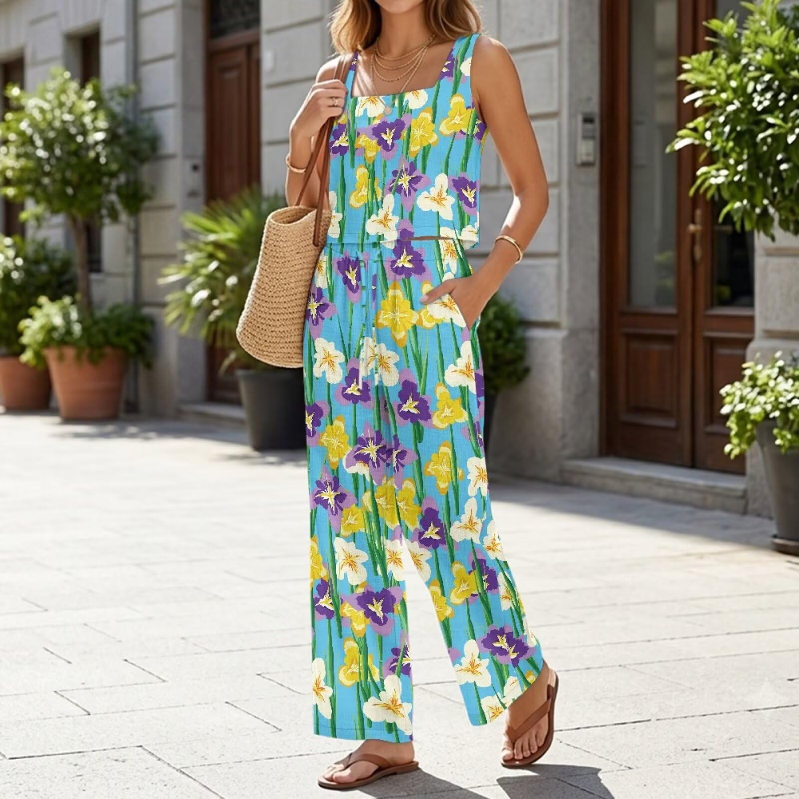Xoenoiee 2-teiliges Set für Damen, Sommer-Outfits, Reise-Lounge-Sets, Tank-Top und Hose mit weitem Bein, Strandurlaub