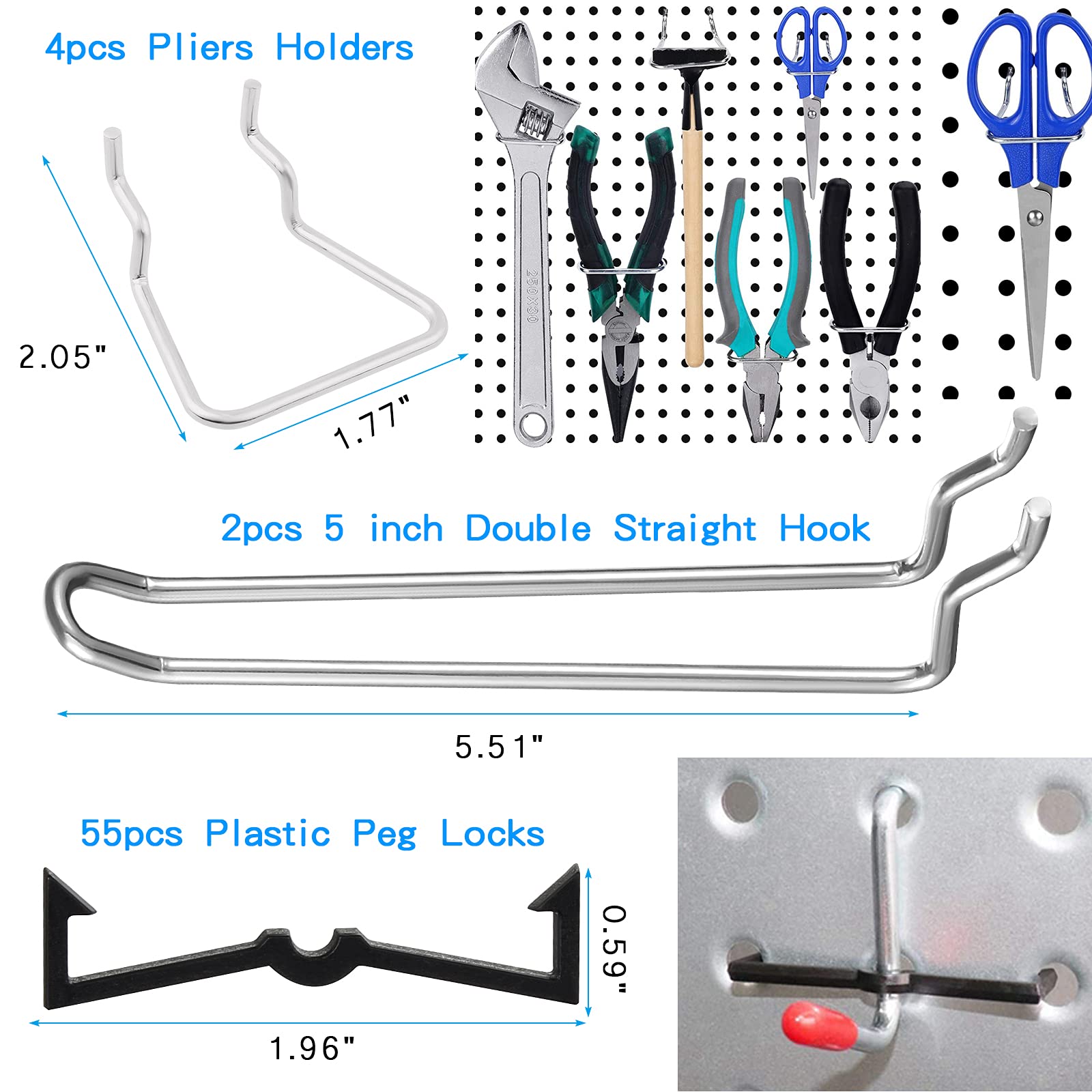 138 Pezzi Assortimento di Ganci per Pannello Forato, Kit Organizer per Accessori, Serrature per Pioli, Attacco per Organizzare Vari Strumenti