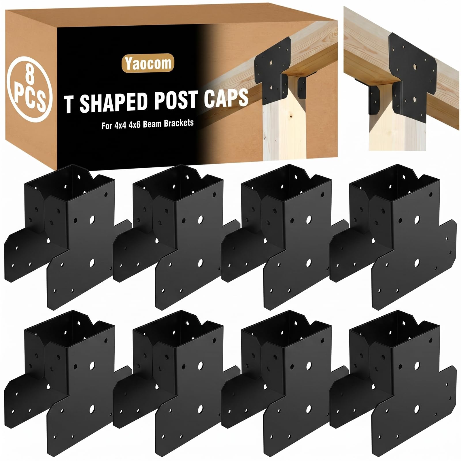 Yaocom 8 Sets T Shape Post Bracket 4x4 4x6 Post to Beam Connector, Black