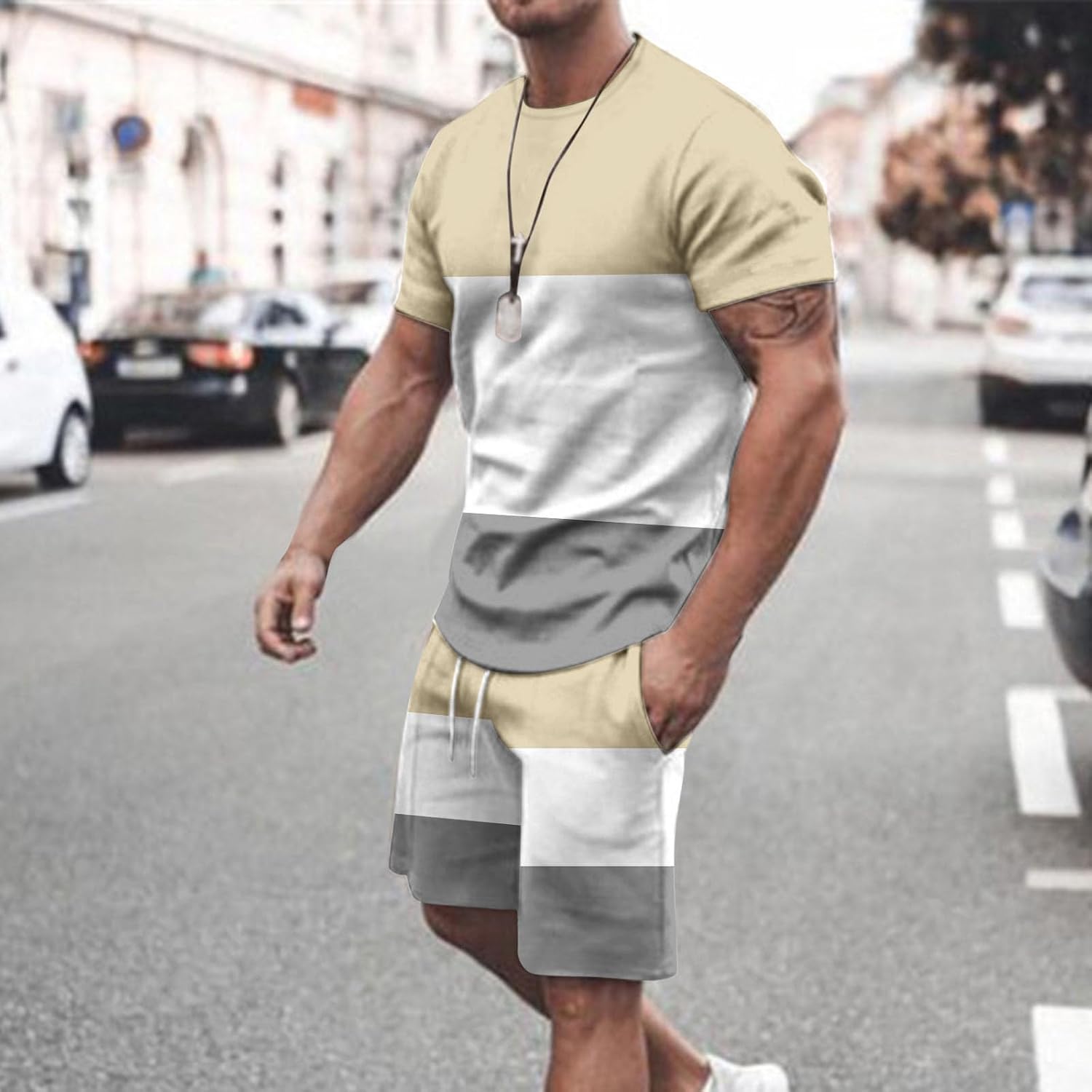 Men's Workout Set Fashion Color Block Short Sleeves Crewneck T-Shirts and Athletic Shorts Two Piece Tracksuit Suit
