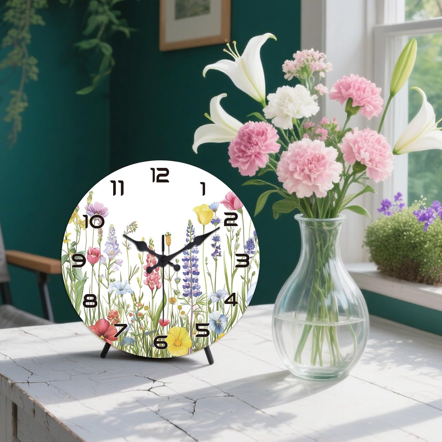 peacoblue Wall Clocks Battery Operated 12 Inch Wildflowers Glass Round Wall Clock Non Ticking for Kitchen Living Room Dining Room Bedroom and Bathroom Decor Accessories (Battery not Included)